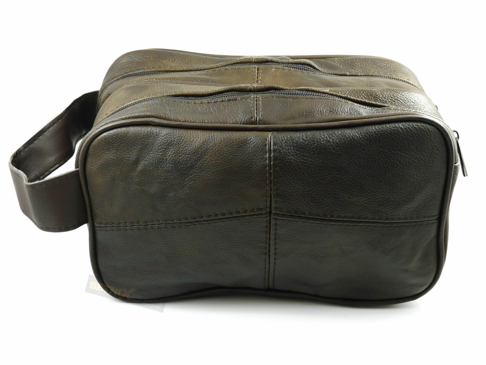 Large Double Zipped Top Washbag Genuine Cowhide Brown Leather Model