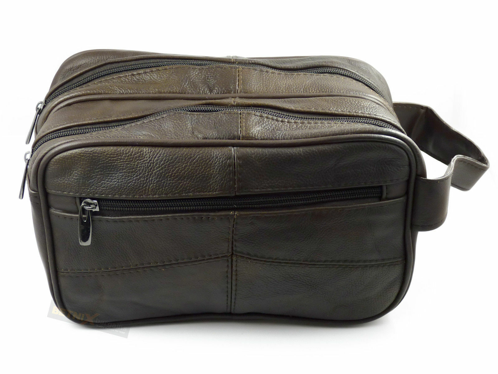 Large Double Zipped Top Washbag Genuine Cowhide Brown Leather Model