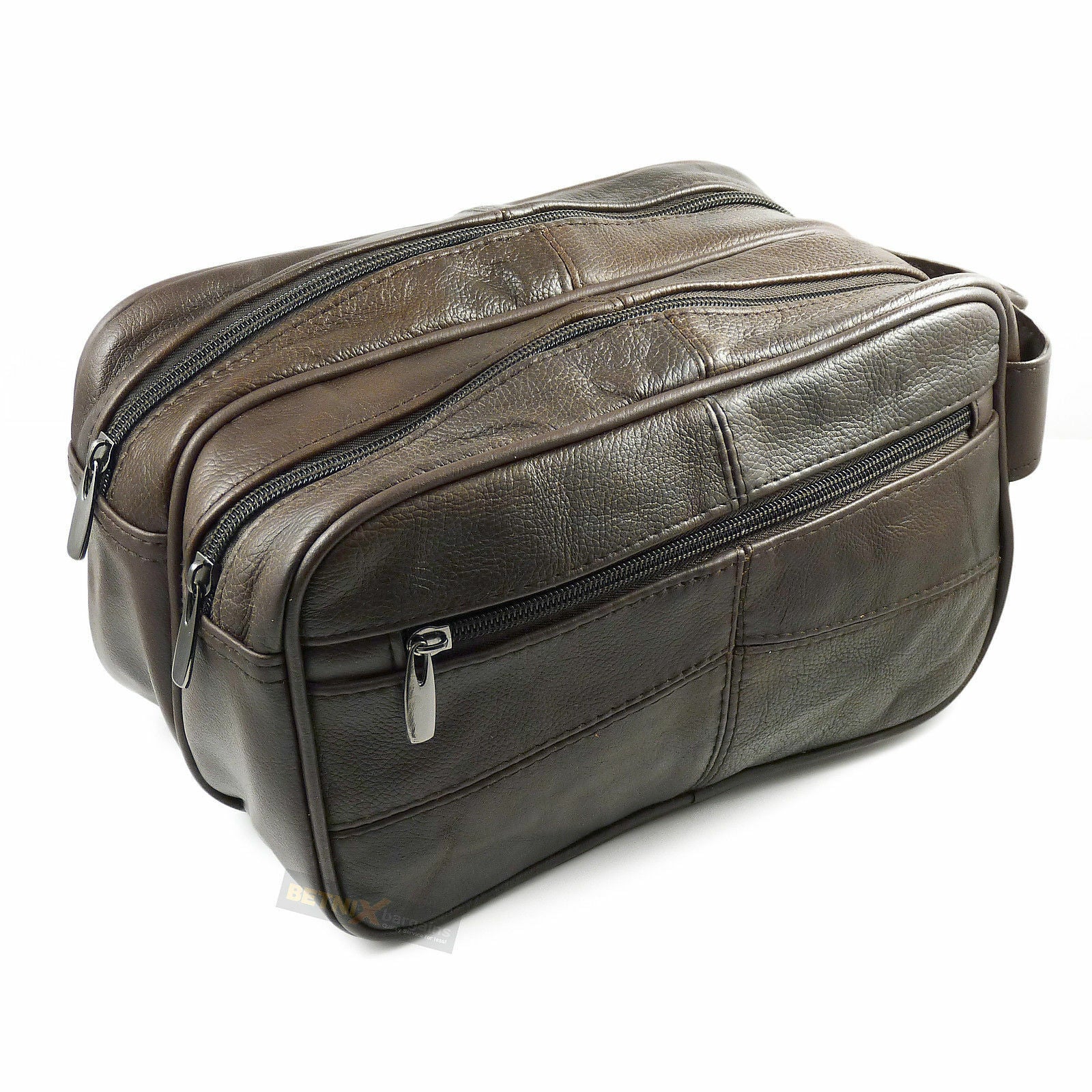 Large Double Zipped Top Washbag Genuine Cowhide Brown Leather Model