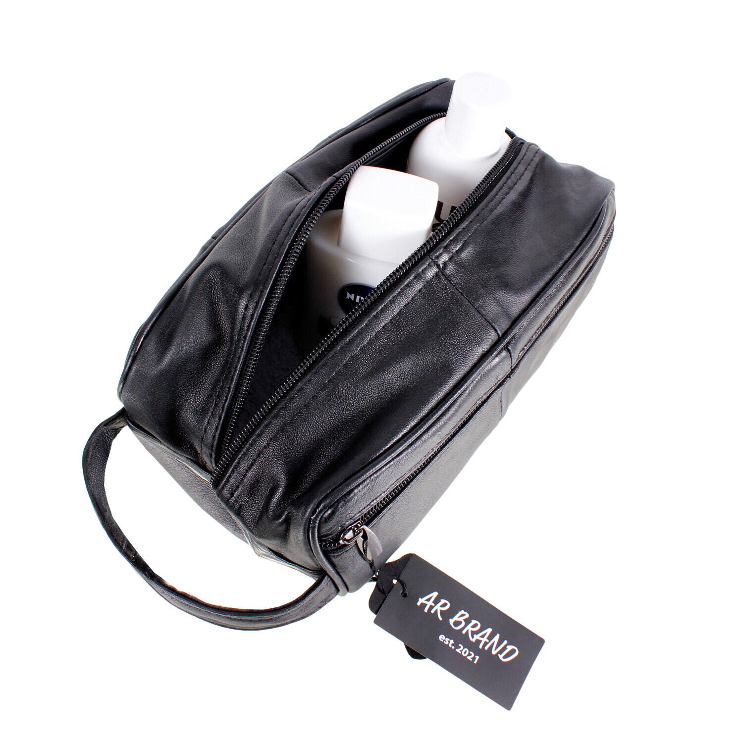 MENS LEATHER TOILETRY TRAVEL WASH BAG TRAVEL KIT OVERNIGHT GIFT
