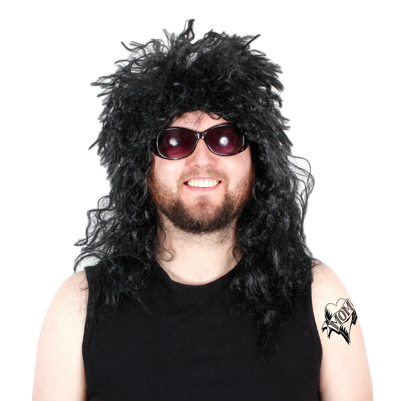 Mens Long Black Glam Rocker Wig for Adult Rockstar Fancy Dress Costume Rock Star