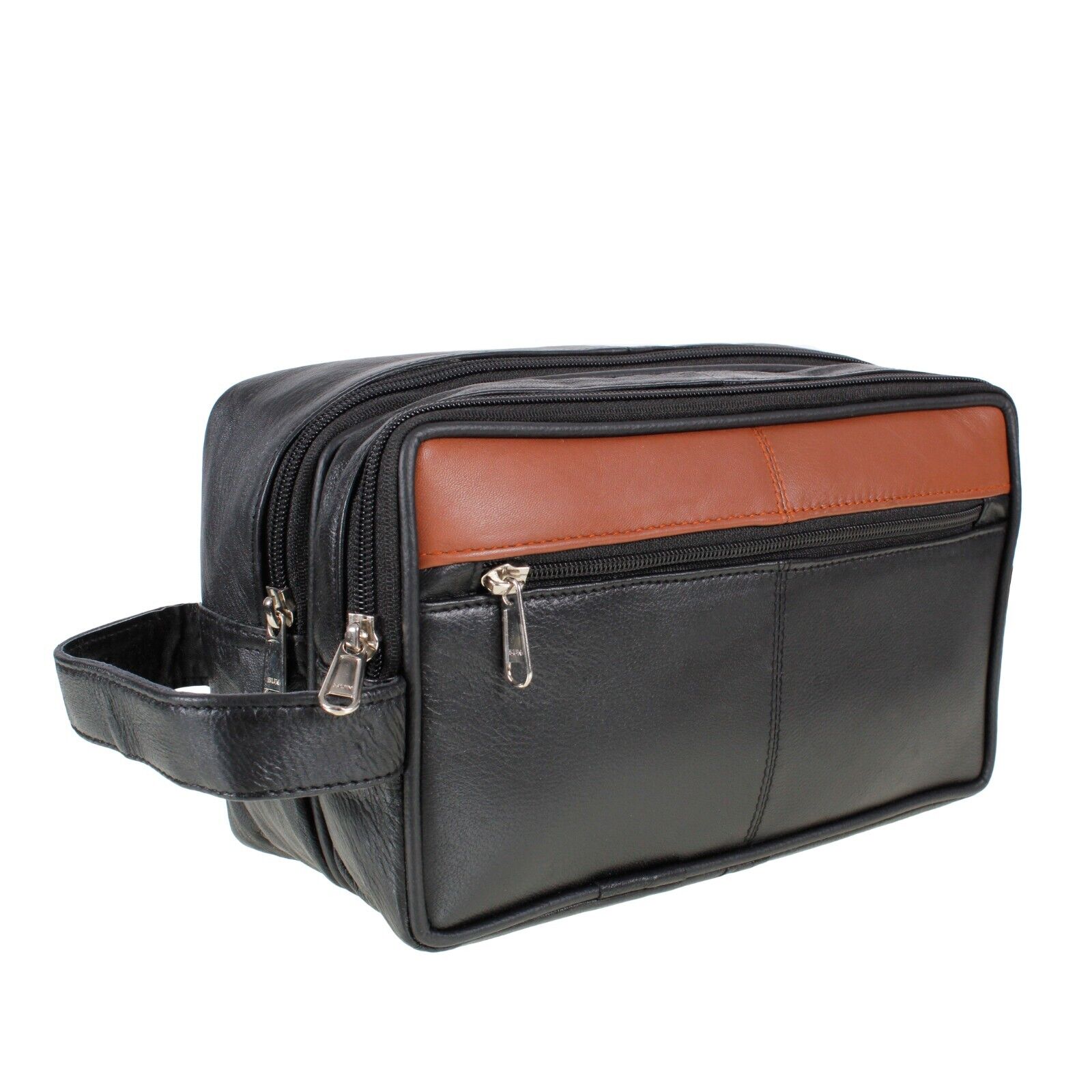 LEATHER WASHBAG TOILETRY BAG TRAVEL OVERNIGHT UNISEX BAG Black TAN AR