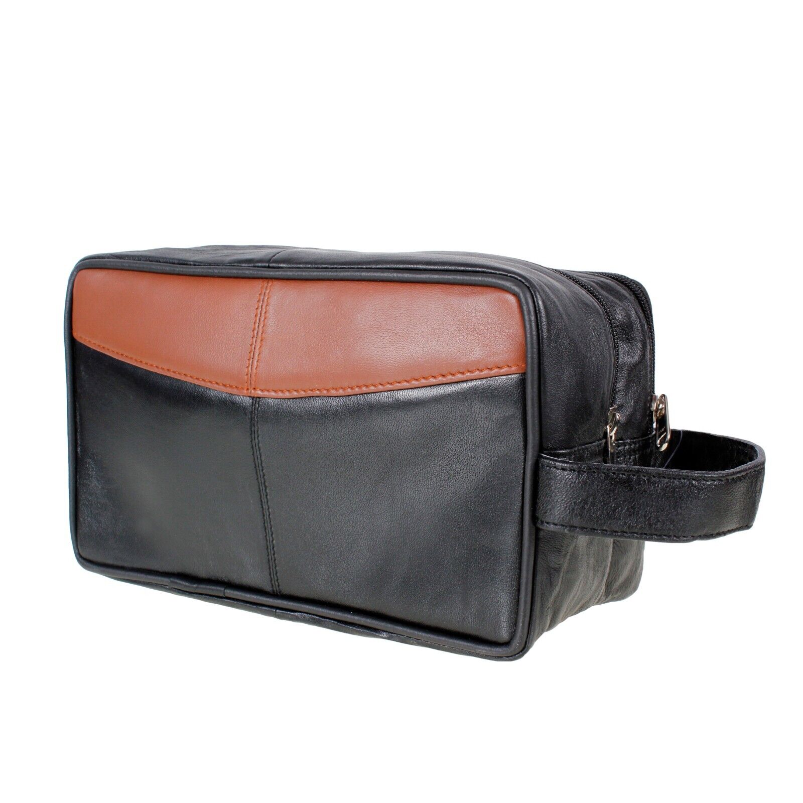 LEATHER WASHBAG TOILETRY BAG TRAVEL OVERNIGHT UNISEX BAG Black TAN
