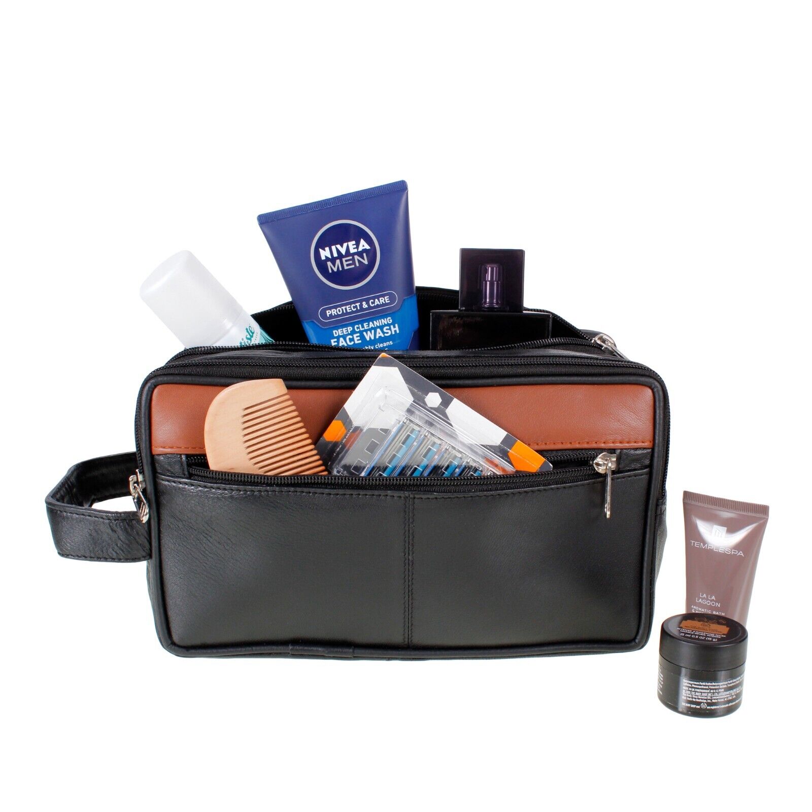 LEATHER WASHBAG TOILETRY BAG TRAVEL OVERNIGHT UNISEX BAG Black TAN