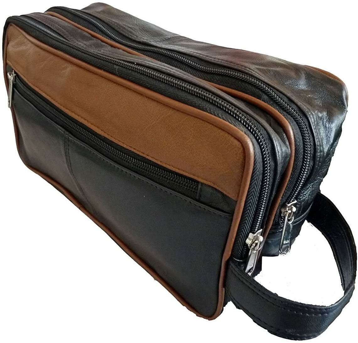 LEATHER WASHBAG TOILETRY BAG TRAVEL OVERNIGHT UNISEX BAG Black TAN