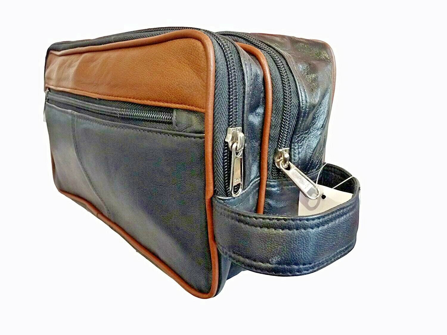 LEATHER WASHBAG TOILETRY BAG TRAVEL OVERNIGHT UNISEX BAG Black TAN