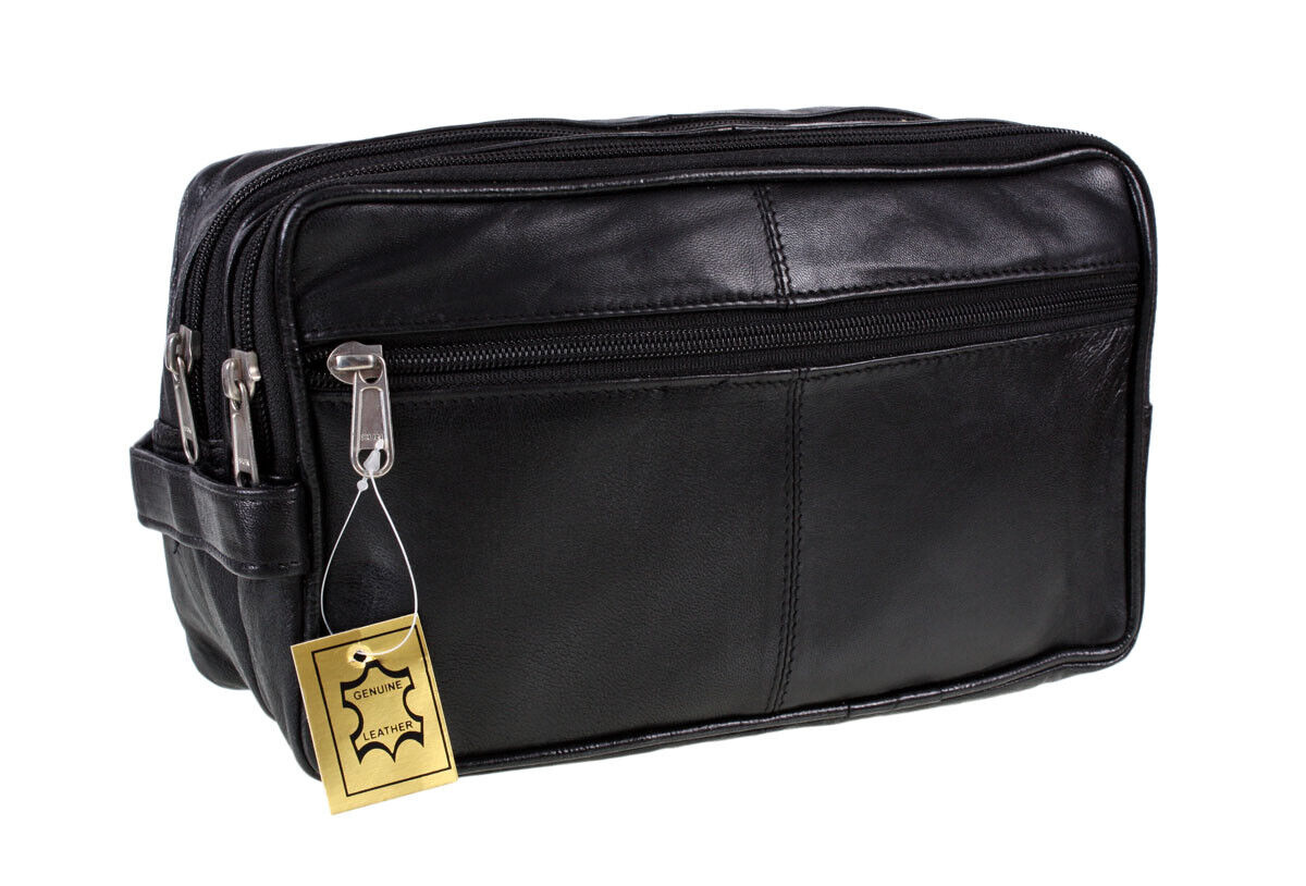 LARGE REAL LEATHER WASHBAG TOILETRY BAG TRAVEL OVERNIGHT UNISEX BAG Black