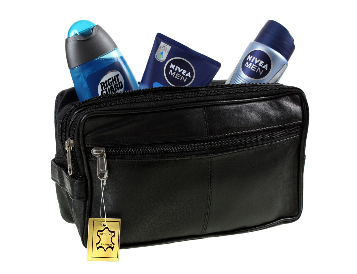 LARGE REAL LEATHER WASHBAG TOILETRY BAG TRAVEL OVERNIGHT UNISEX BAG Black