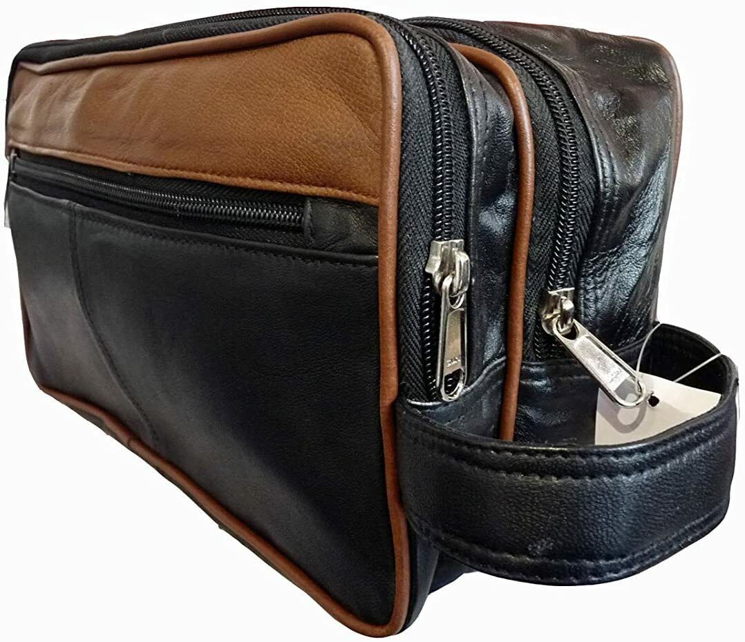 LEATHER WASHBAG TOILETRY BAG TRAVEL OVERNIGHT UNISEX BAG Black TAN