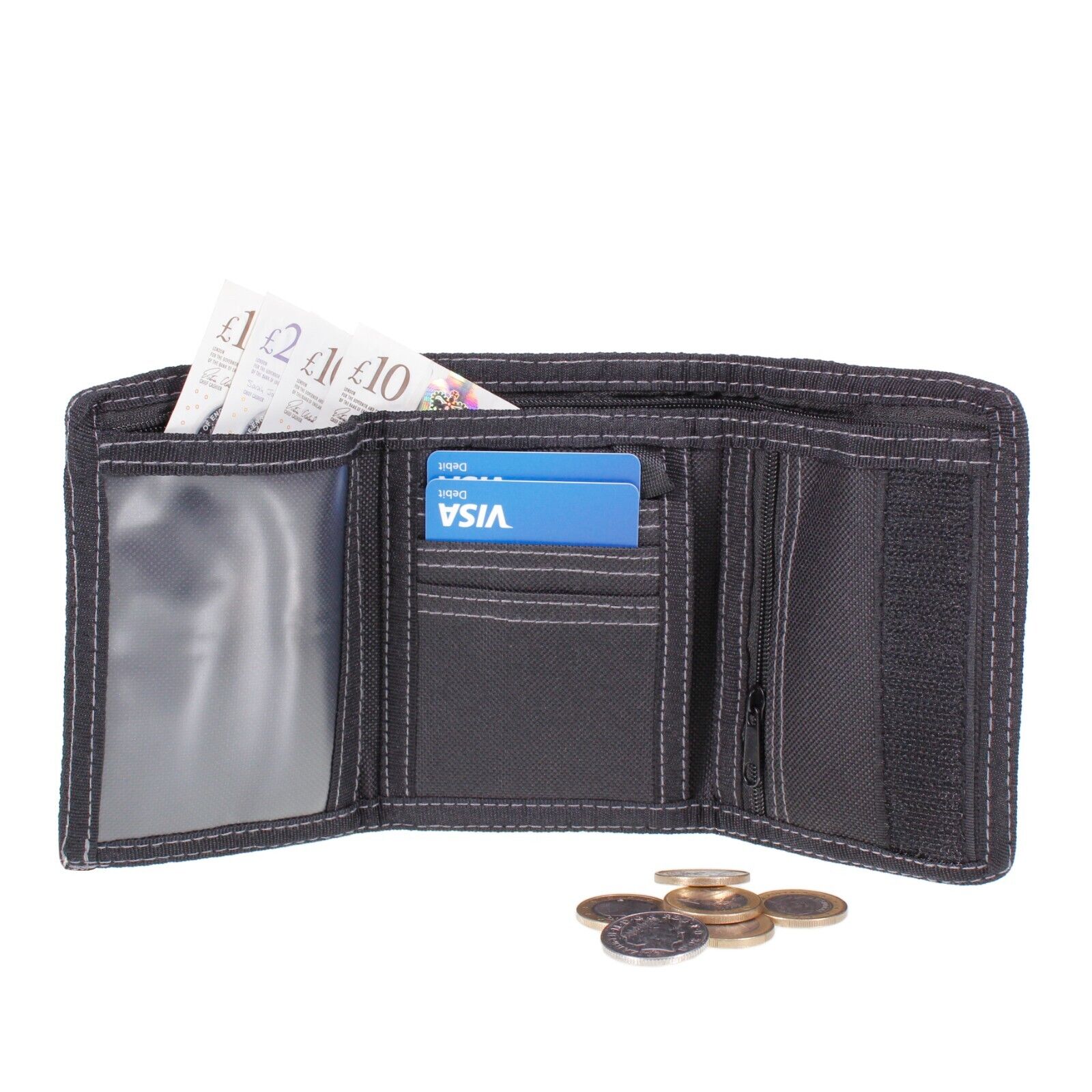 Mens Black Denim TriFold Slim Value Canvas Sports Wallet Zip