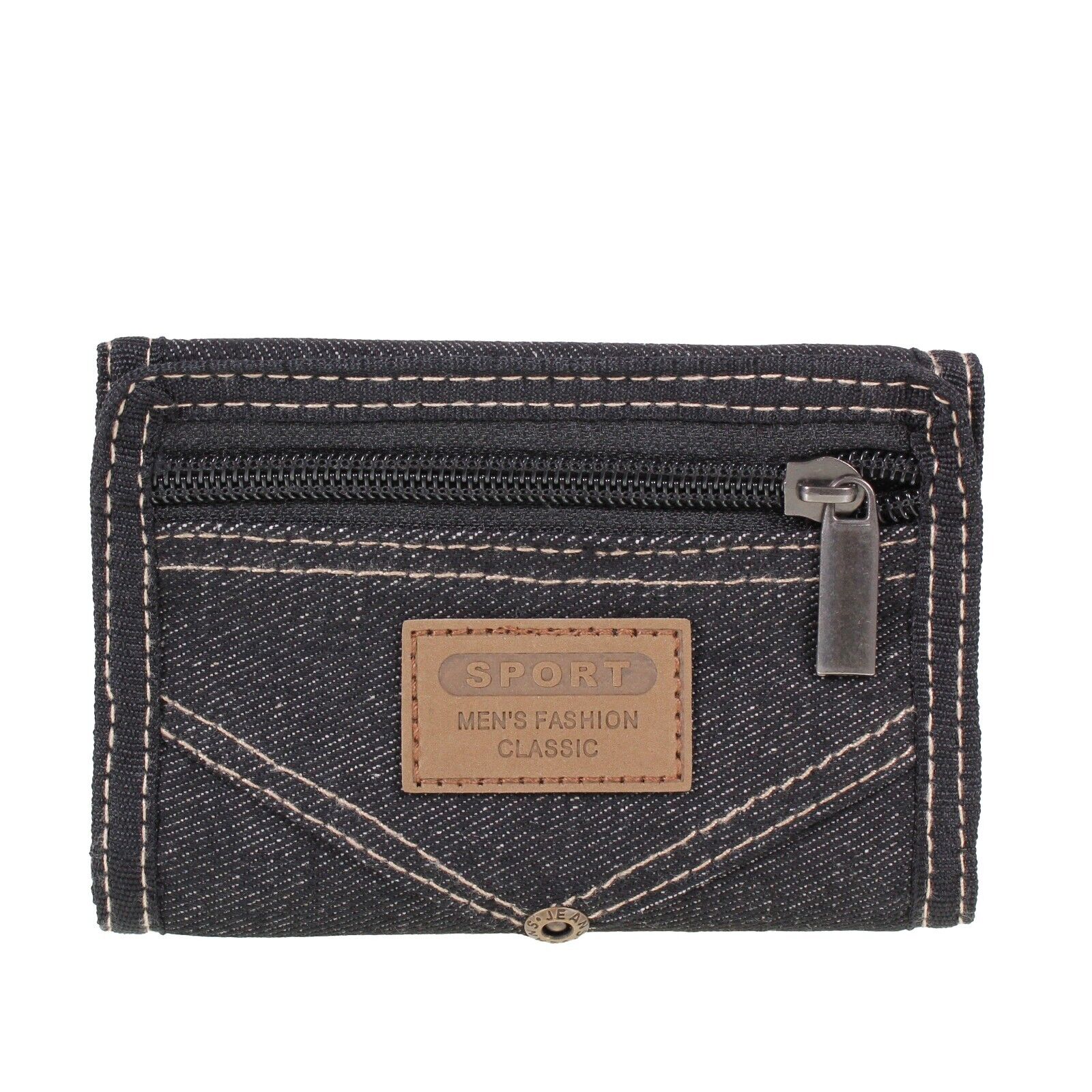 Mens Black Denim TriFold Slim Value Canvas Sports Wallet Zip