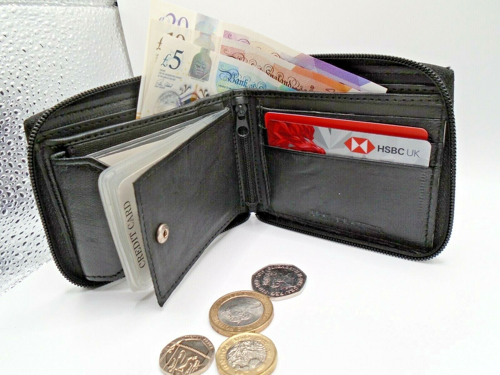 Mens Wallet Full Zip Leather Credit Card ID Coin Wallet RFID Black UK SELLER