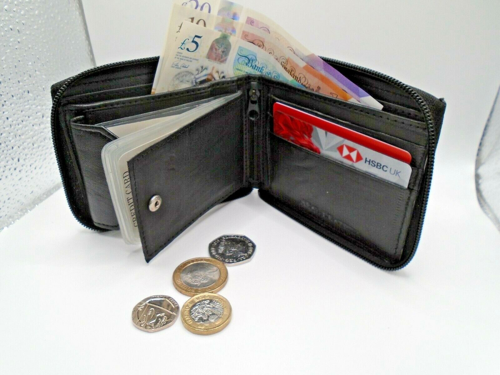 Mens Wallet Full Zip Leather Credit Card ID Coin Wallet RFID Black