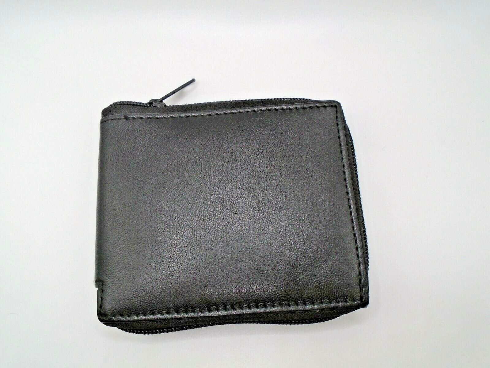 Mens Wallet Full Zip Leather Credit Card ID Coin Wallet RFID Black