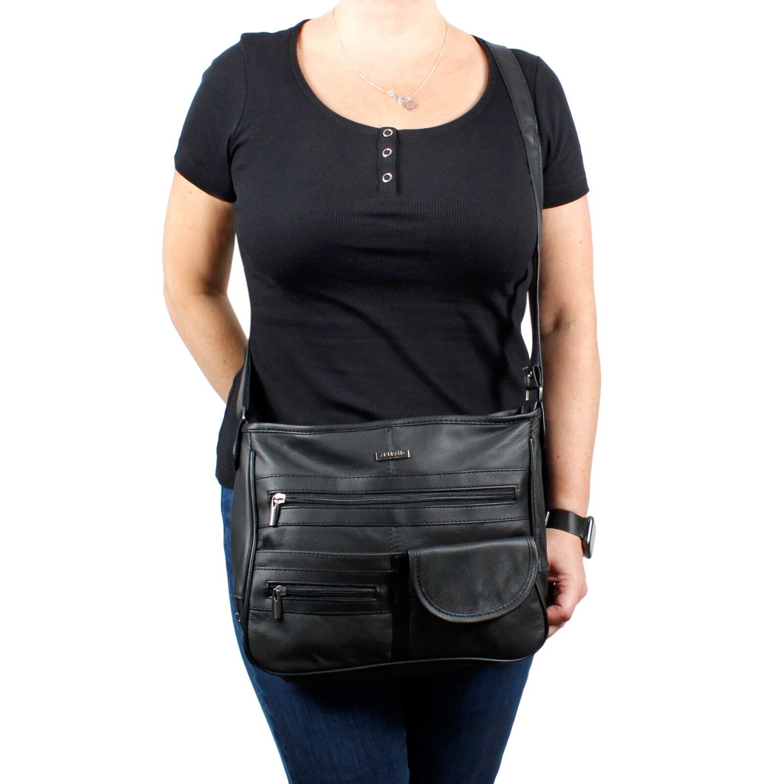 Ladies Women Real Leather Organiser Cross Body Bag Shoulder Handbag Black AR
