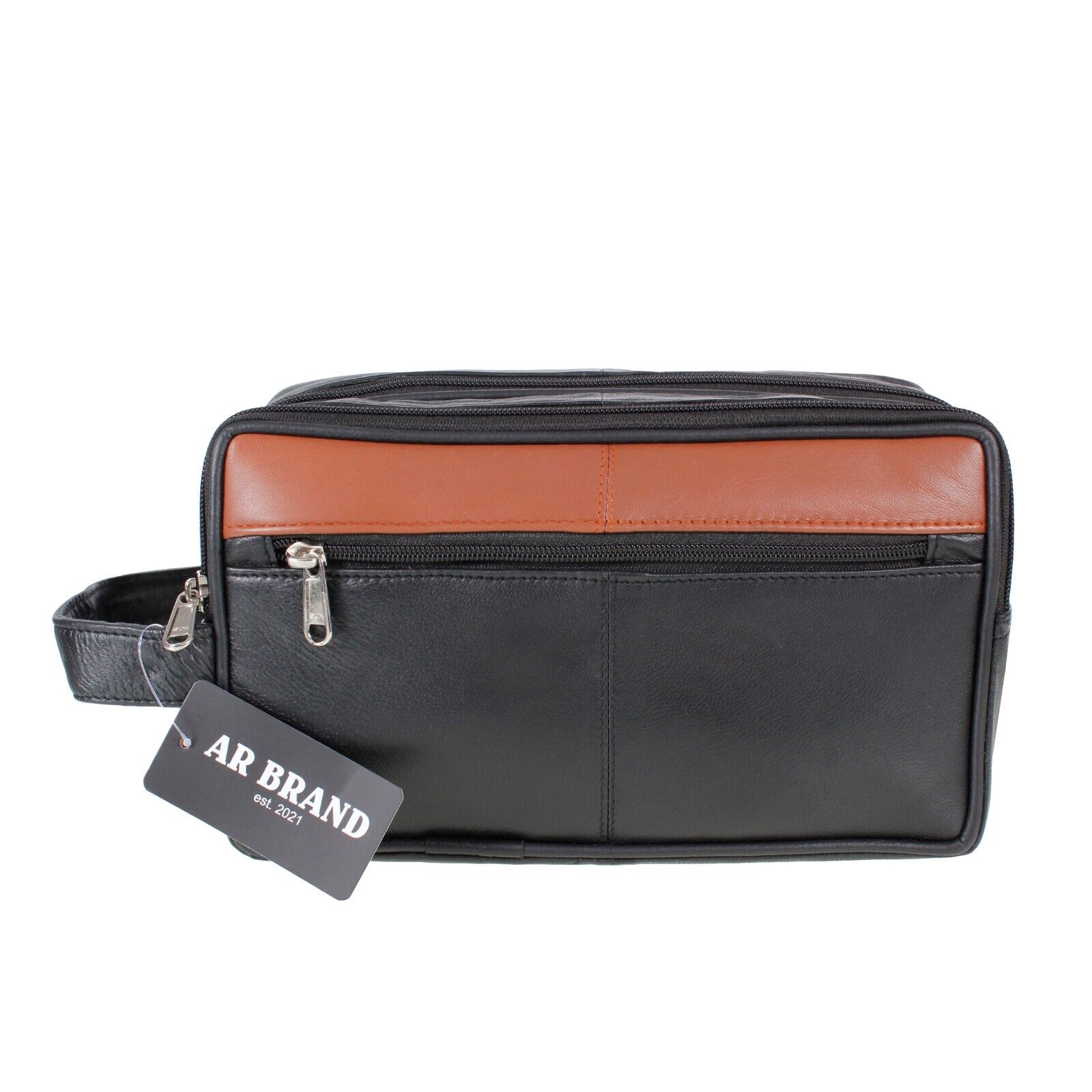 LEATHER WASHBAG TOILETRY BAG TRAVEL OVERNIGHT UNISEX BAG Black TAN AR