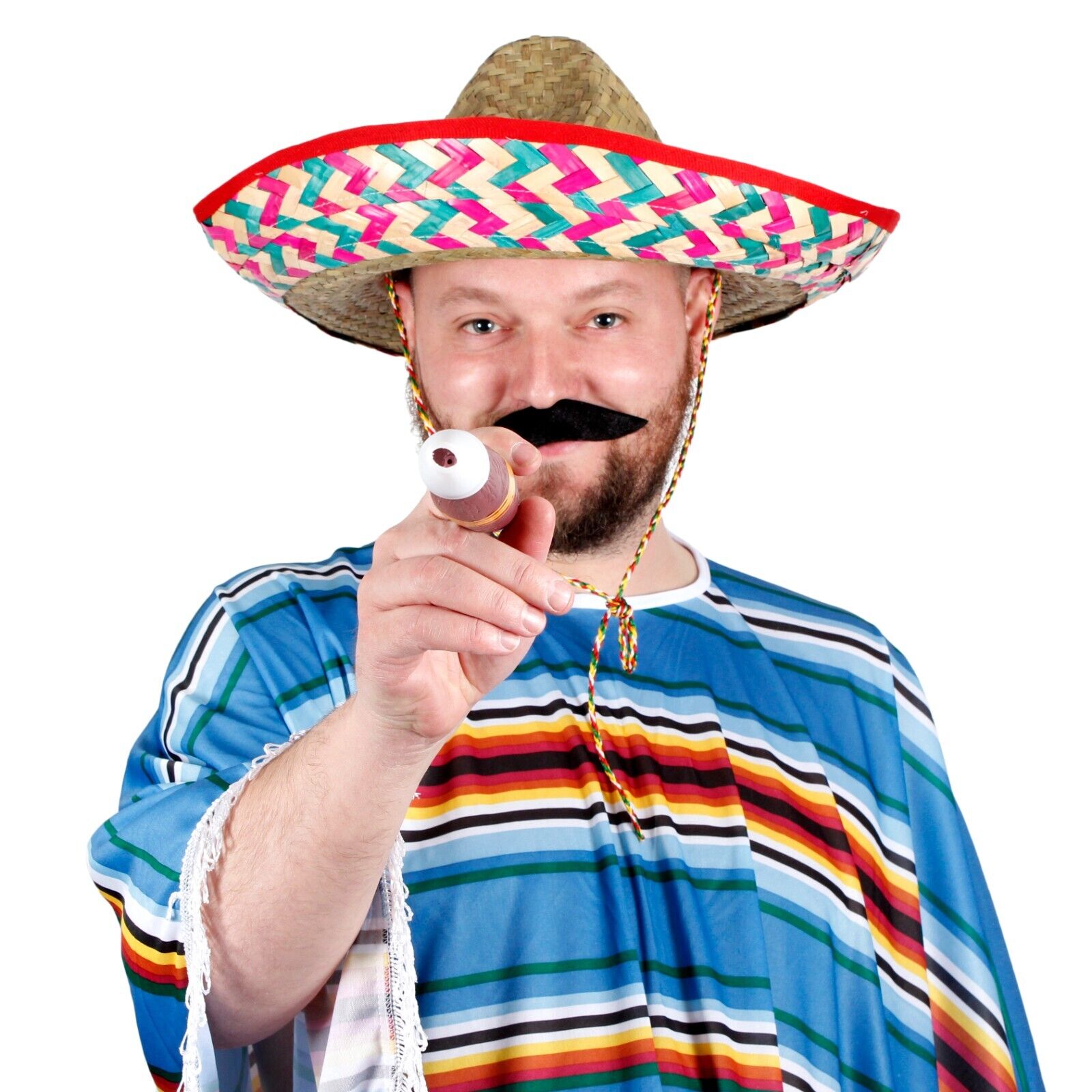 Mexican Poncho Bandit Costume Set Sombrero Hat Moustache & Cigar