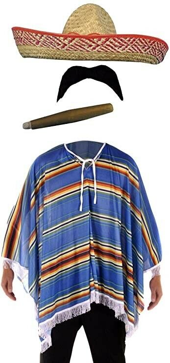 Mexican Poncho Bandit Costume Set Sombrero Hat Moustache & Cigar
