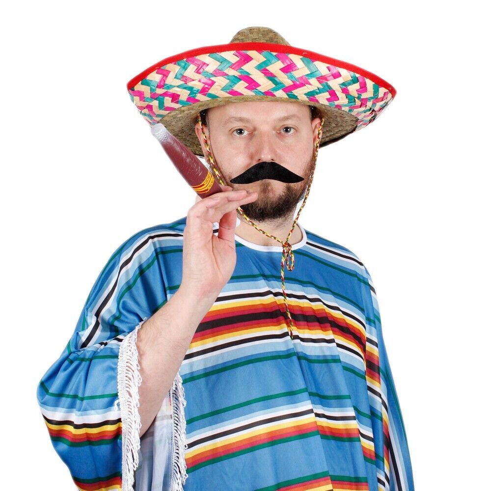 Mexican Poncho Bandit Costume Set Sombrero Hat Moustache & Cigar