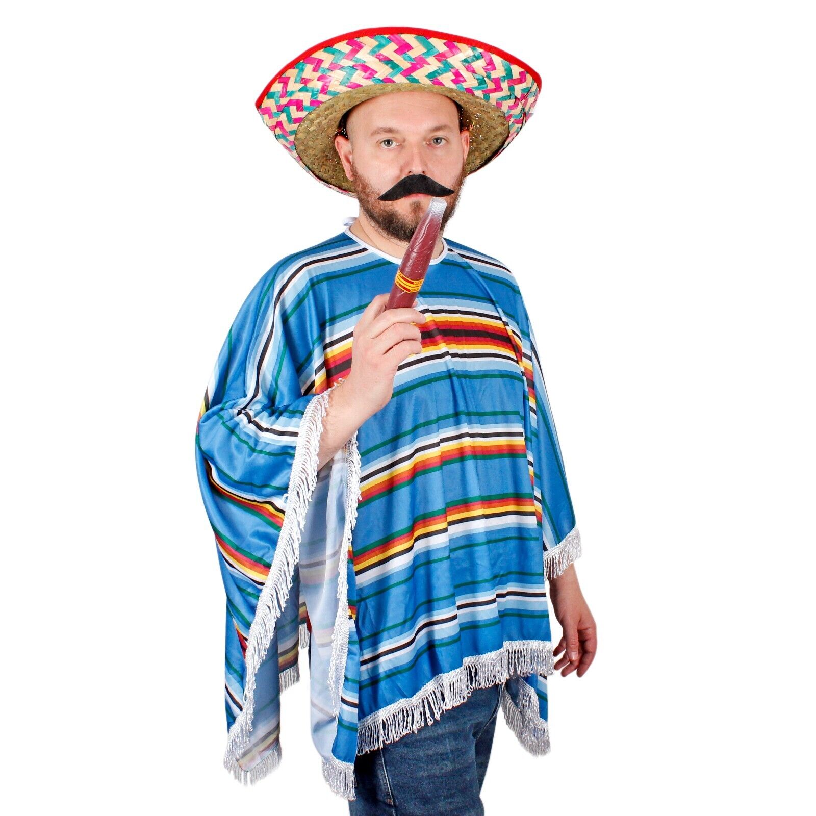 Mexican Poncho Bandit Costume Set Sombrero Hat Moustache & Cigar