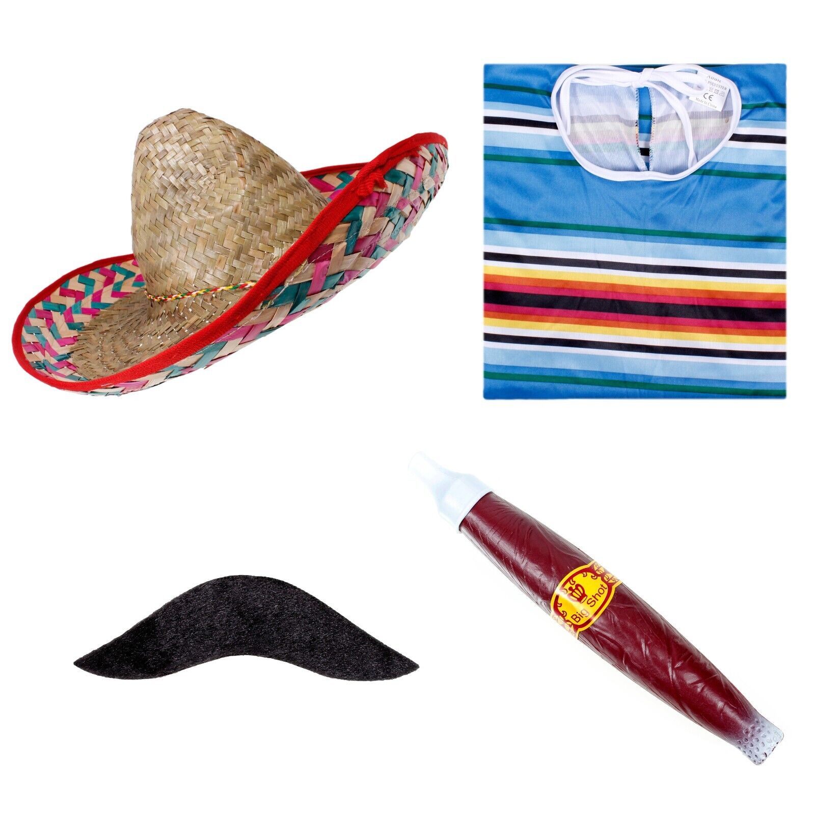 Mexican Poncho Bandit Costume Set Sombrero Hat Moustache & Cigar