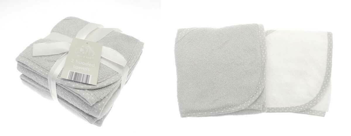 ELLI AND RAFF 2 GREY WHITE HOODED BATH TOWELS NEWBORN BABY SHOWER WRAP BOY GIRL