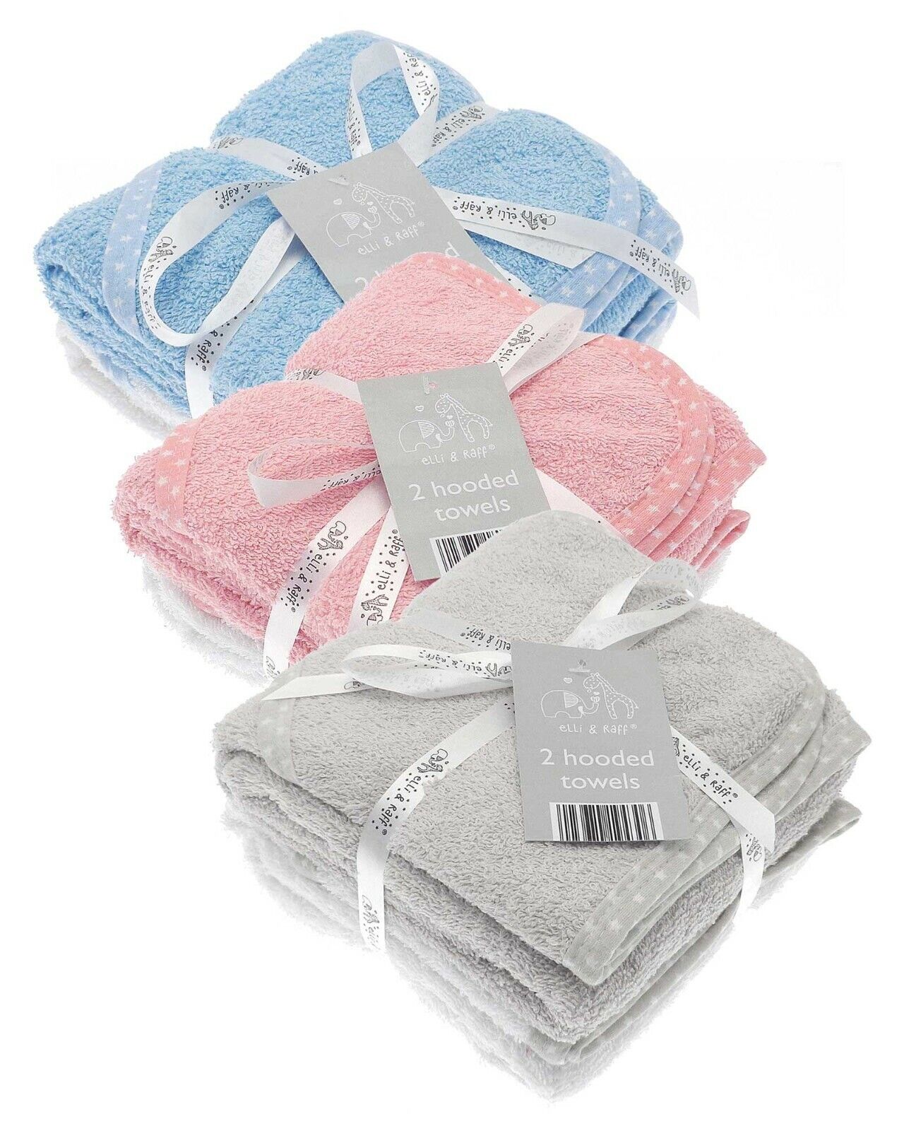 ELLI AND RAFF 2 GREY WHITE HOODED BATH TOWELS NEWBORN BABY SHOWER WRAP BOY GIRL