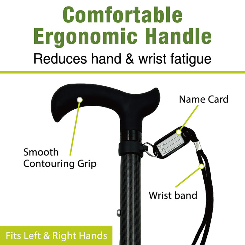 Deluxe Carbon Fibre 4-Part Folding Adjustable Walking Stick Cane for Men, Ladies and Women with Soft Grip Handle - 33.5” to 37.5”