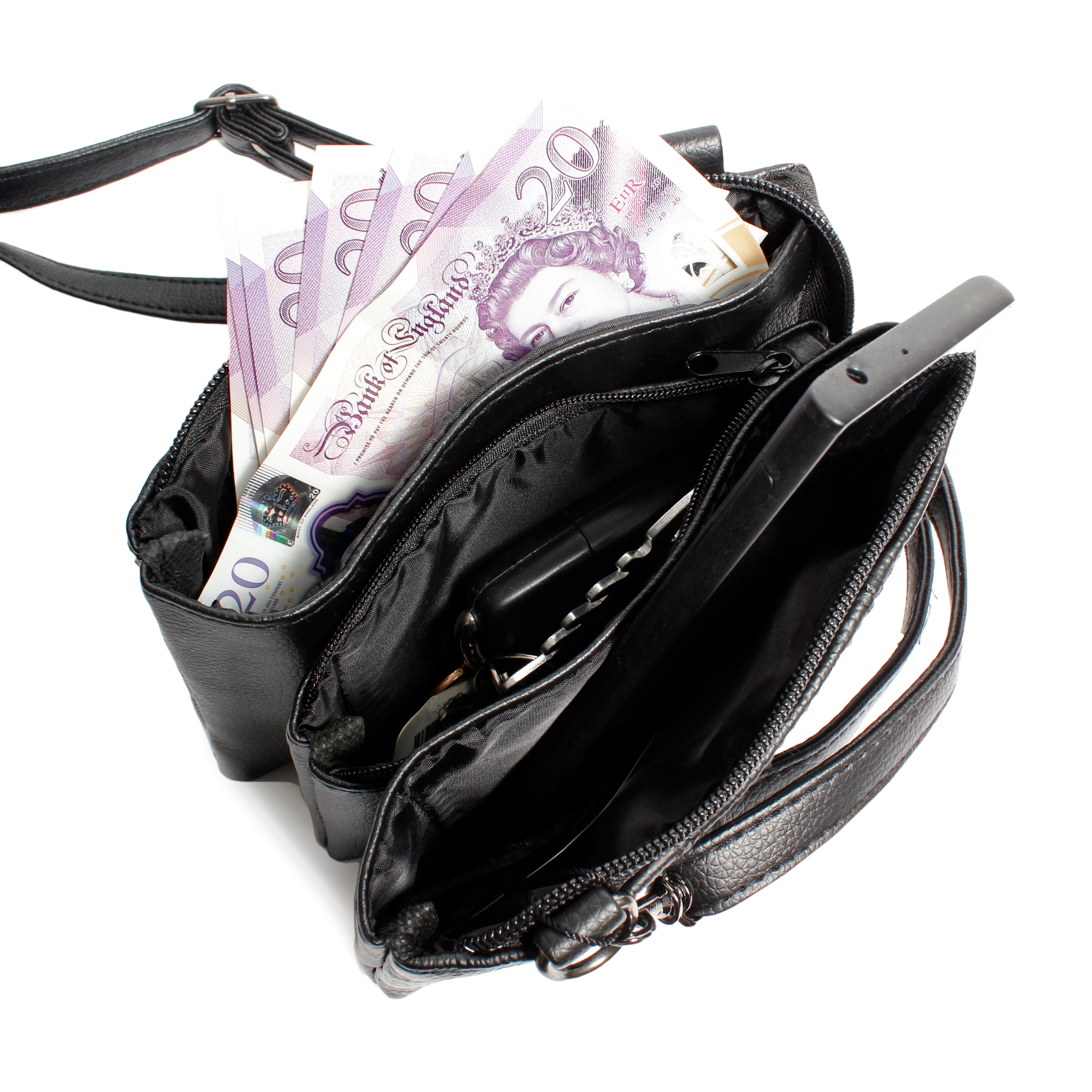 Ladies Small Leather Handbag with Zipped Triple Section Crossbody Shoulder Bag
