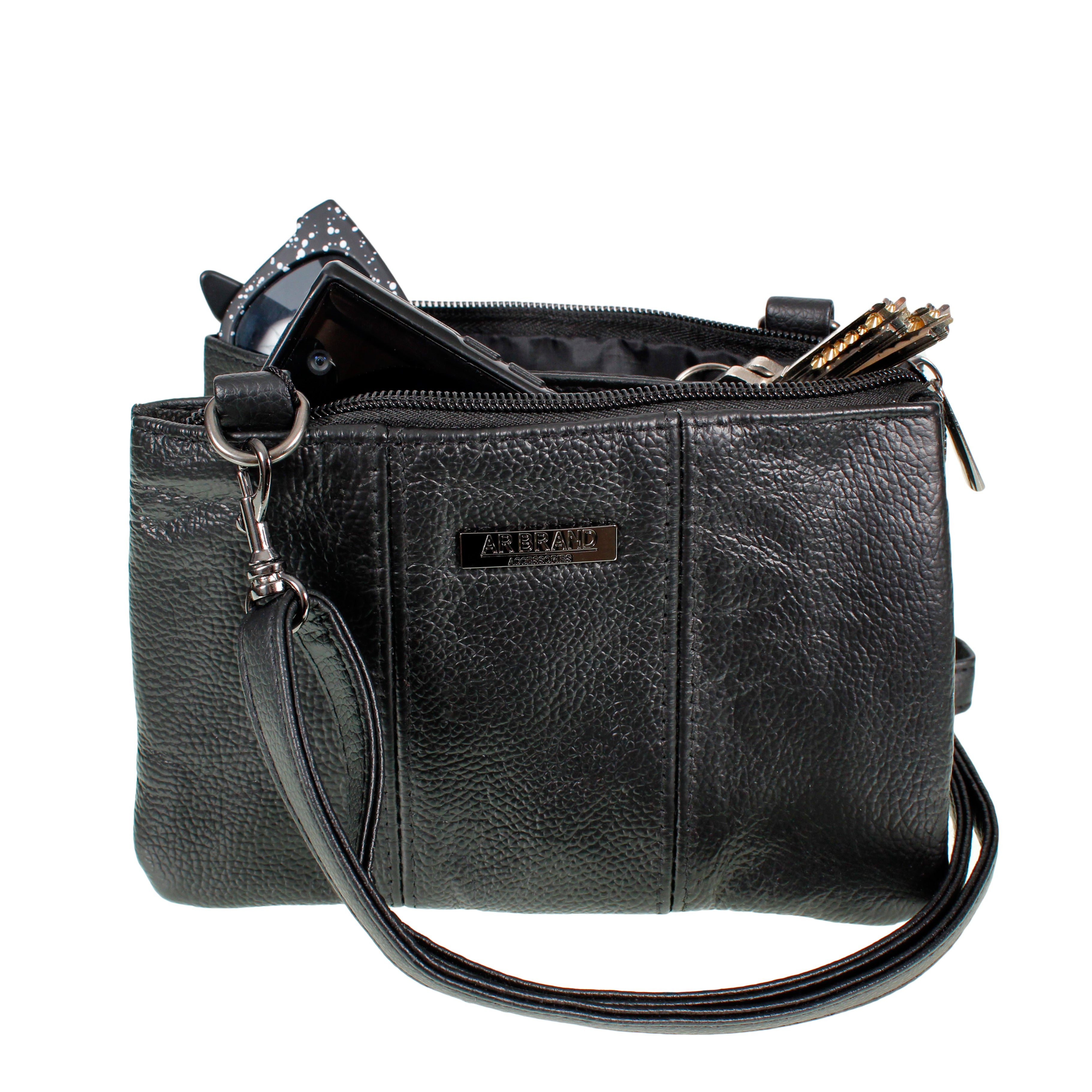Ladies Small Leather Handbag with Zipped Triple Section Crossbody Shoulder Bag