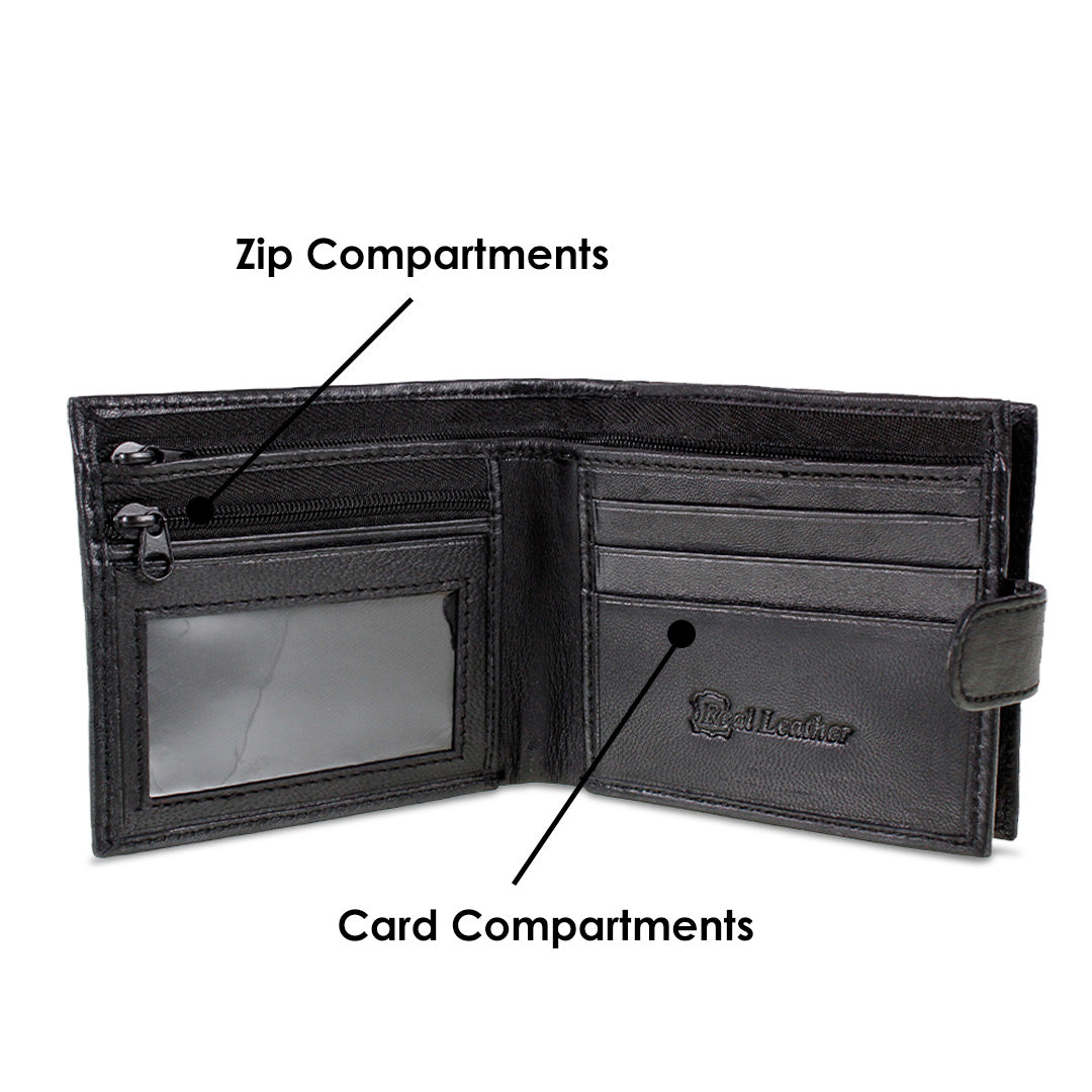 RFID Blocking Mens Soft Leather Wallet with Back Zip Compartment 11cm x 9.5cm x 1.5 cm - Black