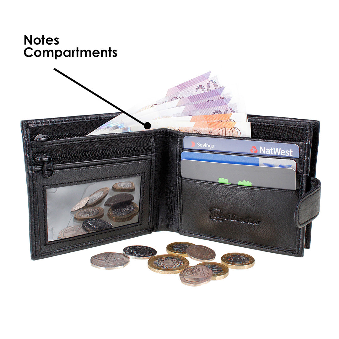 RFID Blocking Mens Soft Leather Wallet with Back Zip Compartment 11cm x 9.5cm x 1.5 cm - Black