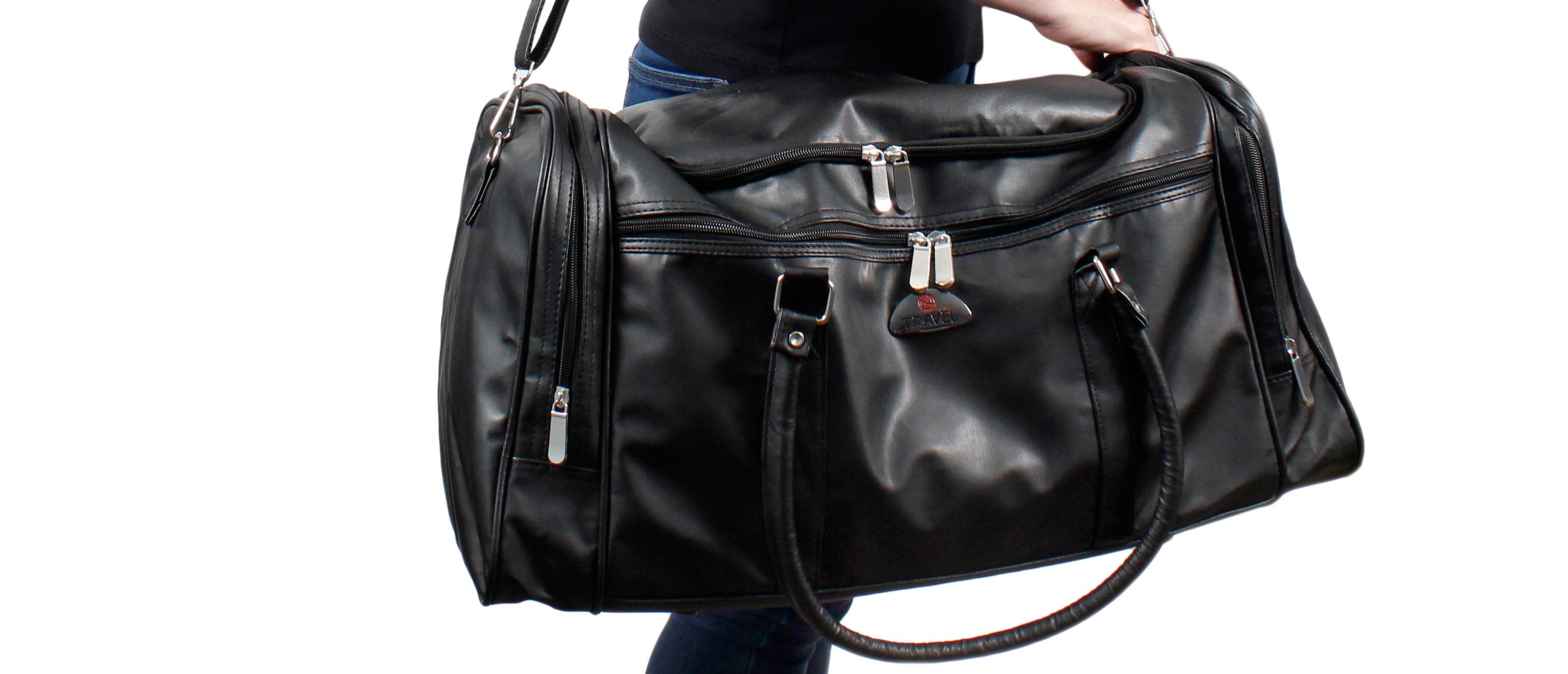 Travel Bag Holdall Black Leatherette Weekend Holiday Overnight Gym Duffel